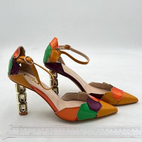 FSJ Golden Shiny Crystal Heel Colorful Pointed Toe High Heel Ankle Strap Sandals - Picture 4 of 8